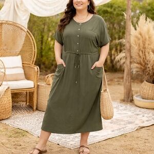 M&S Collection 100% Cotton Olive Green Plus Size Midi Dress Casual Utility Boho